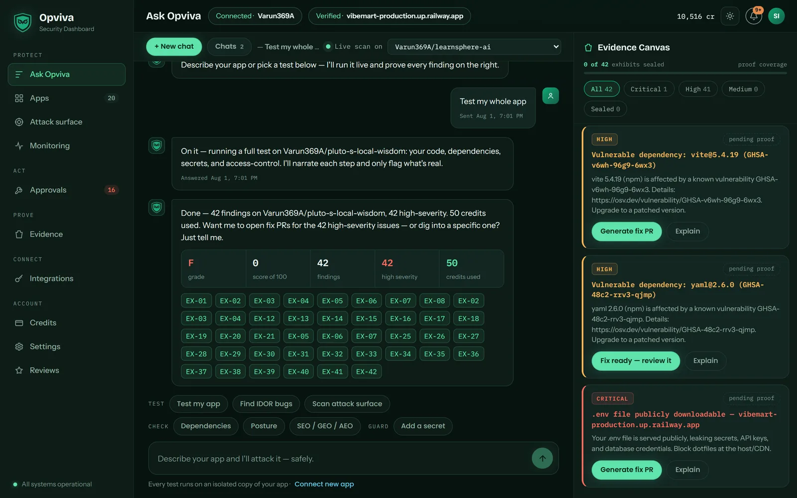 Opviva dashboard: a chat with the security agent on the left and a live Evidence Canvas of findings on the right