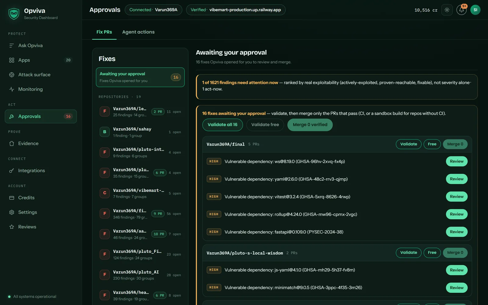 Opviva Fixes screen showing vulnerable-dependency fixes opened as pull requests awaiting one-click merge
