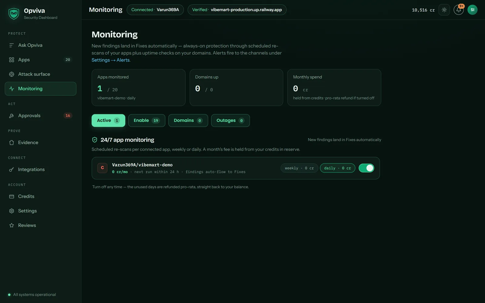 Opviva monitoring screen showing per-app uptime and error monitoring after launch